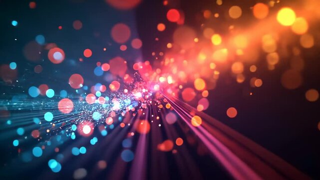 Dynamic graphic illustration of exploding stardust in a cosmic phenomenon with a colorful blend of star-like particles and light streaks.