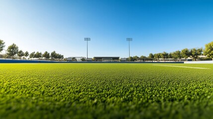A football field with detailed grass texture, outdoor setting with clear sky, Crisp style
