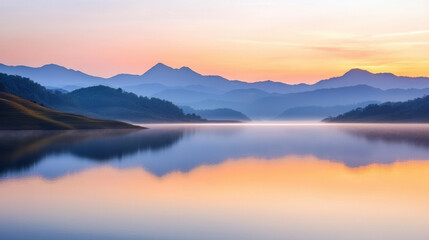 Golden sunrise over serene lake with mountains reflecting in calm water, creating peaceful atmosphere. soft colors evoke tranquility and beauty