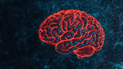 Obraz premium hologram of human brain with neural connections glowing in red, showcasing intricate details and vibrant background. This represents advanced neuroscience and technology