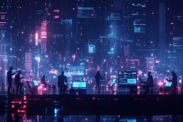 Fototapeta premium A group of people are sitting in front of computer monitors in a city