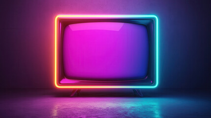 Retro TV with neon lights, glowing in vibrant colors, creating nostalgic atmosphere. screen displays captivating purple hue, enhancing pop art style