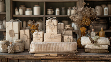 Fototapeta premium Handcrafted gift presentation with beautifully wrapped items, featuring unique decorations like handmade tags, natural twine, and dried flowers, set in a cozy environment with warm colors and soft tex