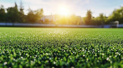 A football field's artificial turf blades and infill, outdoor setting with vibrant sunlight, Synthetic style