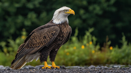 Naklejka premium Eagle with wings slightly raised, regal stance, high contrast lighting, black backdrop