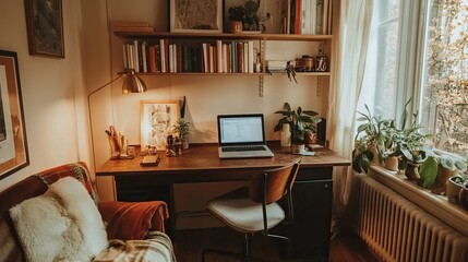 Compact home office setup with small desk, laptop, cozy chair, and shelf with books and decor 