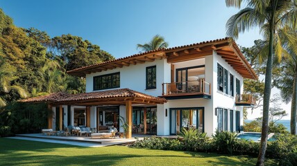 Fototapeta premium modern beach house in Brazil, showcasing white walls with wooden accents and a light wood shingled roof