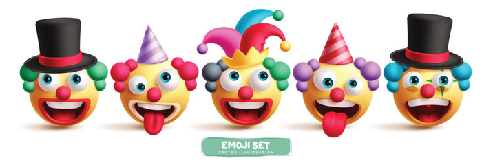Clown emoji characters vector set. Clown buffoon emoticons in happy, funny, cute and naughty facial expression wearing colorful hat for joker costume collection. Vector illustration 3d icon buffoon 