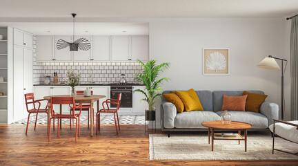 Studio room interior with lounge zone and cooking area furnished with sofa and dining table. Modern design solution, 3d rendering