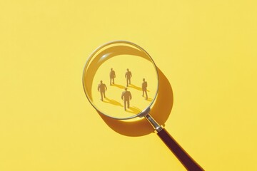 Recruitment concept with magnifying glass scanning illustrated figures on yellow background