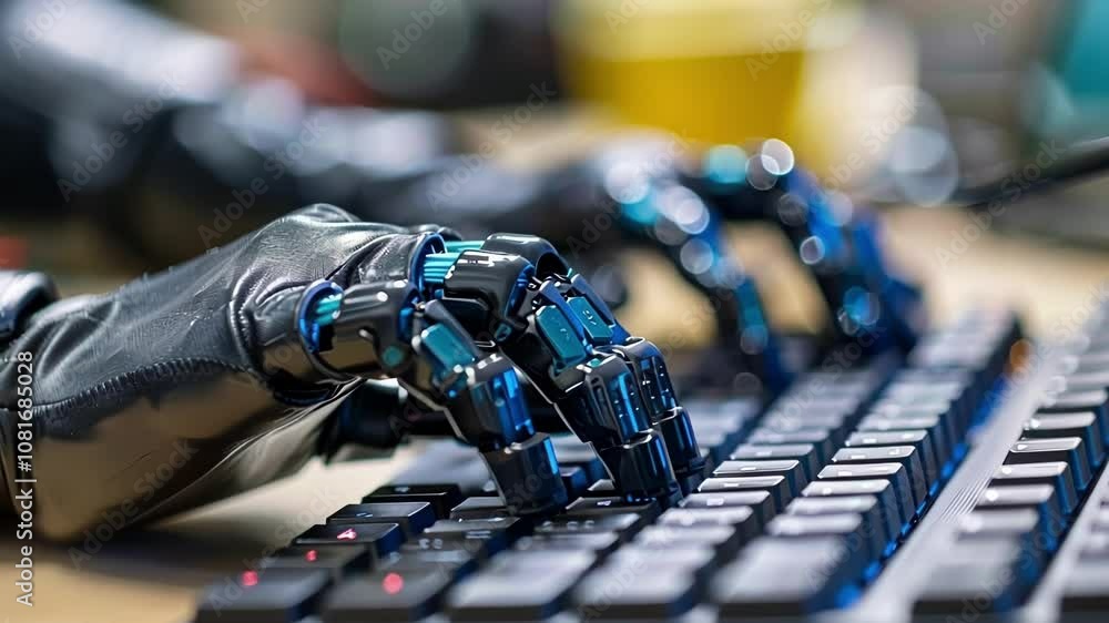 Poster advanced robotic hands typing on keyboard, exploring ai and neurotechnology