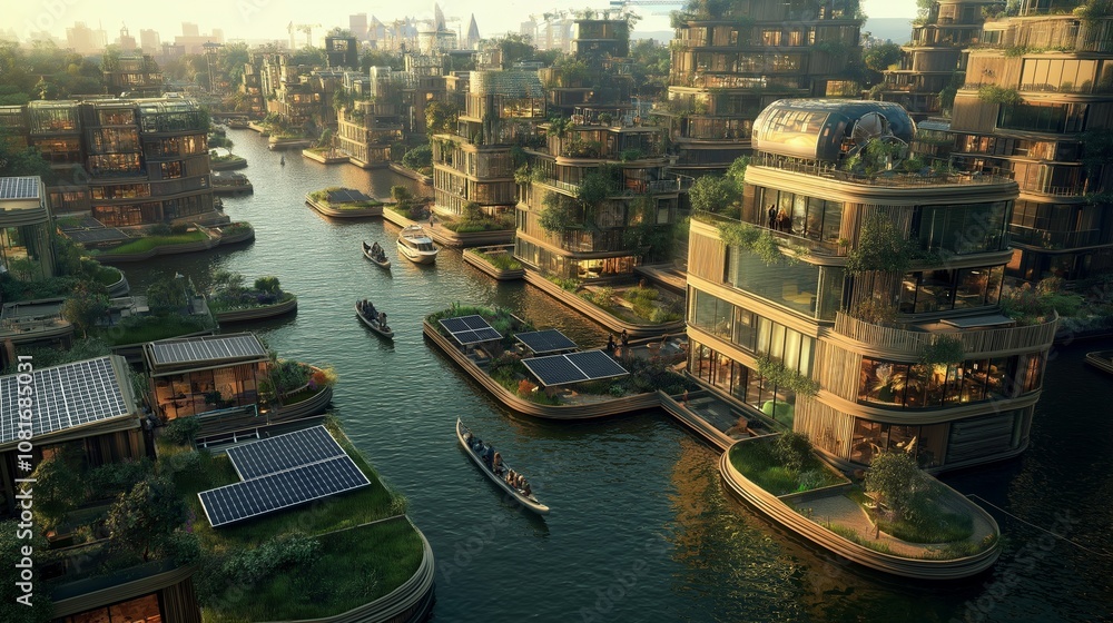 Poster an environmentally friendly floating metropolis that runs on wind and solar electricity, with struct