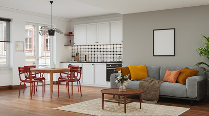 Studio room interior with lounge zone and cooking area furnished with sofa and dining table. Modern design solution, 3d rendering