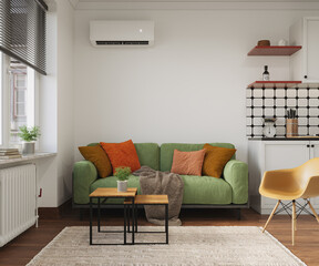 Studio room interior with lounge zone and cooking area furnished with sofa and dining table. Modern design solution, 3d rendering