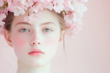 A serene portrait of a young woman adorned with a floral crown.