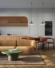 Studio room interior with eating space and lounge zone with gray walls. Modern design solution, 3d rendering