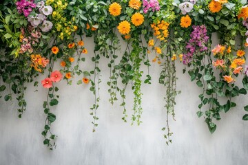 A wall covered in vines and flowers with a white background