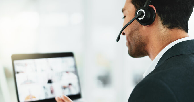 Webinar, microphone and business man with laptop in office for planning, virtual conference and online meeting. Communication, speaker and video call with person in agency for feedback and networking