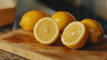 Cutting board with halved lemons, ready to be squeezed for juice