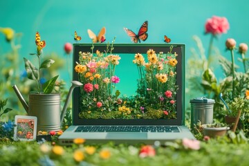 A laptop is open to a picture of a garden with flowers and butterflies
