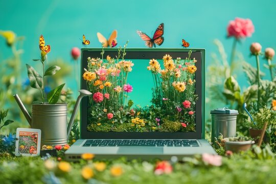 A laptop is open to a picture of a garden with flowers and butterflies
