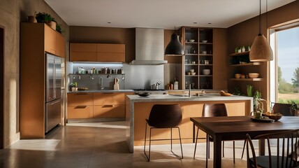 A warm tone modern kitchen.