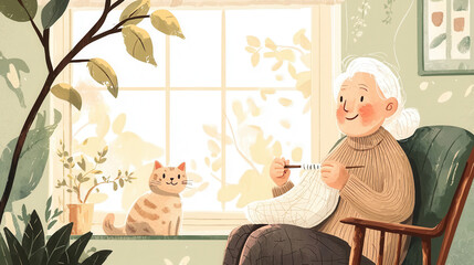 Elderly Cat Love Concept. A cozy illustration of an elderly woman knitting by a sunny window, accompanied by a playful cat, surrounded by plants and a warm atmosphere.