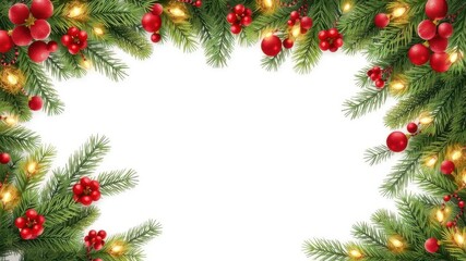 Seamless Christmas border with coniferous branches, garlands, lights, season