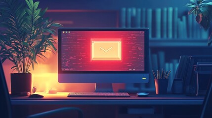 A computer monitor with a glowing email notification icon on the screen in a dimly lit office at night.