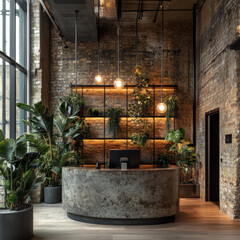 A modern office space with a large plant in the corner