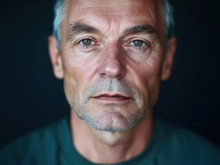 Obraz premium A close-up portrait of a mature man with striking features and a contemplative expression.