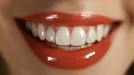 Close-up of a Smiling Mouth with Bright, White Teeth and Glossy Red Lips, a Detailed Macro Image