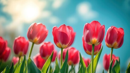 A group of pink tulips bloom in a field against a bright blue sky with white clouds.