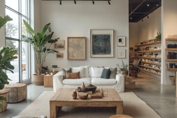A living room with a white couch and a coffee table