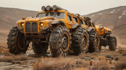 Obraz premium A yellow, futuristic, off-road vehicle with large tires drives through a desert landscape.
