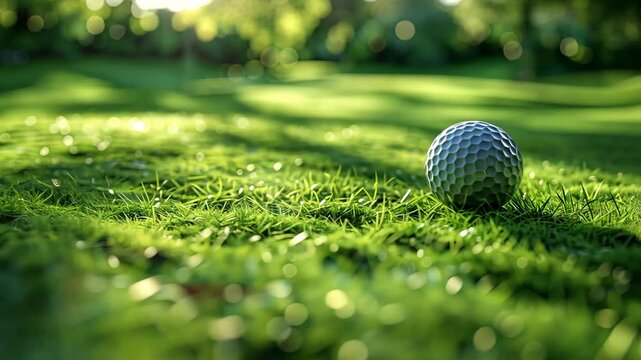 Golf ball on lush green grass with sunlight filtering through trees, concept of sports and leisure. Golf course and recreation concept. Design for sports brochure, golf tournament flyer.
