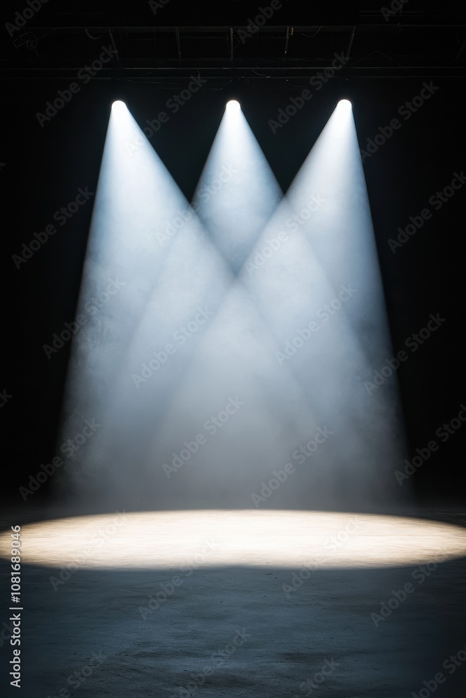 Poster a dramatic stage lighting setup with three bright beams illuminating a circular area, surrounded by 