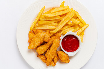 french fries with chicken nuggets and ketchup