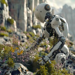 Fototapeta premium Craft a photorealistic portrayal of robotic gardening amidst surreal landscapes