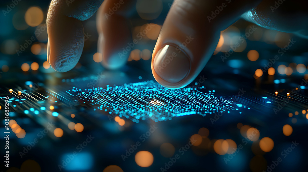 Poster finger interacts with glowing digital data network, abstract 3d render background