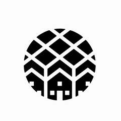 Geometric logo with a globe and house symbolizing global real estate, housing, and construction, perfect for property and urban development brands.