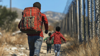 A family of illegal immigrants runs along a fence on a border similar to the one between Mexico and USA