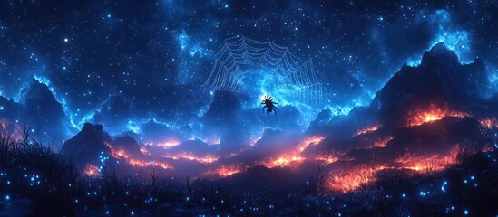 A spider crawls through a web-shaped portal in the sky above a glowing, fiery landscape.
