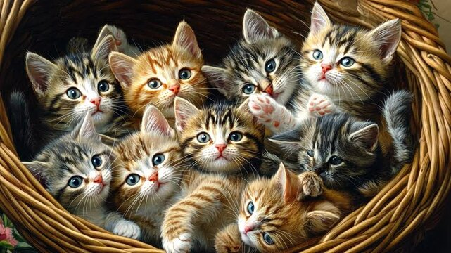 A Basketful of Cuteness: A heartwarming scene of adorable kittens snuggled together in a woven basket, their bright eyes and playful expressions radiating pure innocence.  