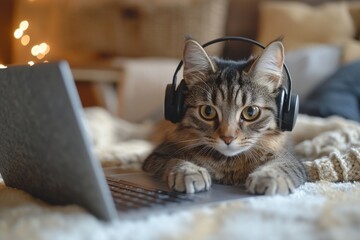 A cat is laying on a bed with a laptop on its back