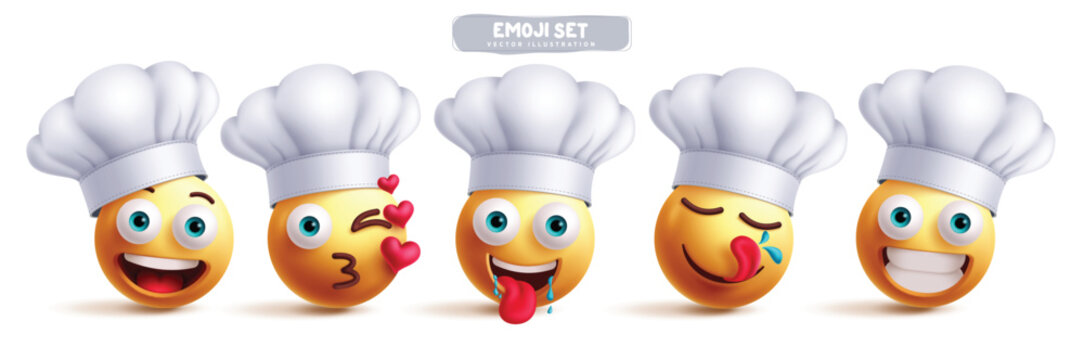 Chef emoji characters vector set. Emojis cook baker clip art character in happy, kissing, cravings, licking and smiling facial expression wearing white toque hat collection. Vector illustration 3d 