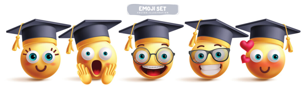Student emoji character vector set. School graduate emojis clip art characters in happy, shock, excited, blushing, smiling braces and clever wearing mortar board hat collection. Vector illustration 