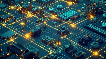 A sustainable supply chain network visualized as a glowing, interconnected grid of factories, transportation hubs, and distribution centers.