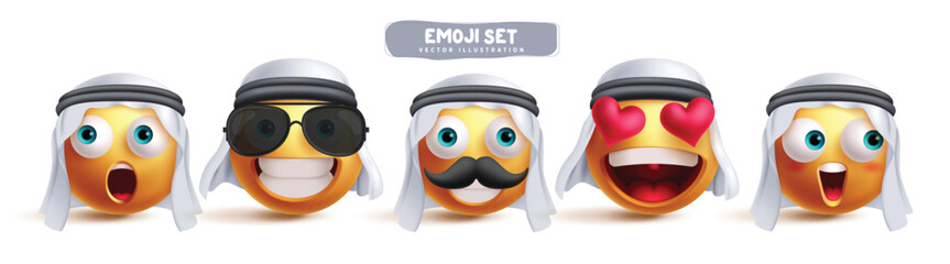 Obraz premium Arab emoji characters vector set. Sheikh saudi emojis clip art character in shock, happy, smiling, in love and amaze facial expression wearing ghutra headscarf collection. Vector illustration 3d Arab 