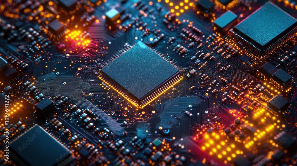 Poster close-up of a circuit board with a central processor chip, illuminated by glowing orange and blue li